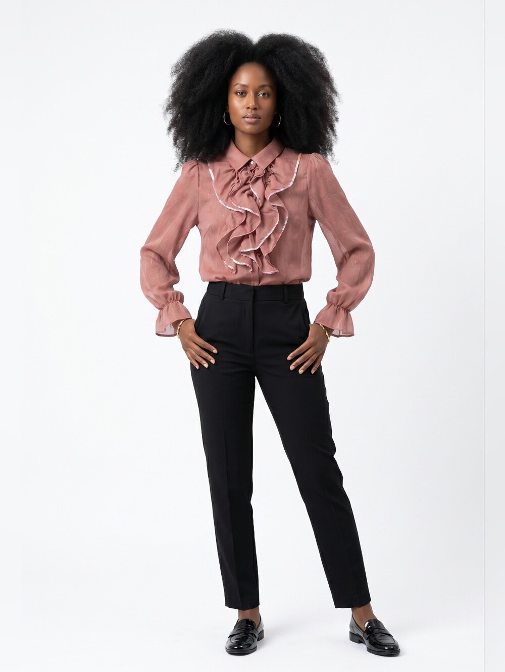 Lulumari Rust Ruffle-Front Long Sleeve Blouse